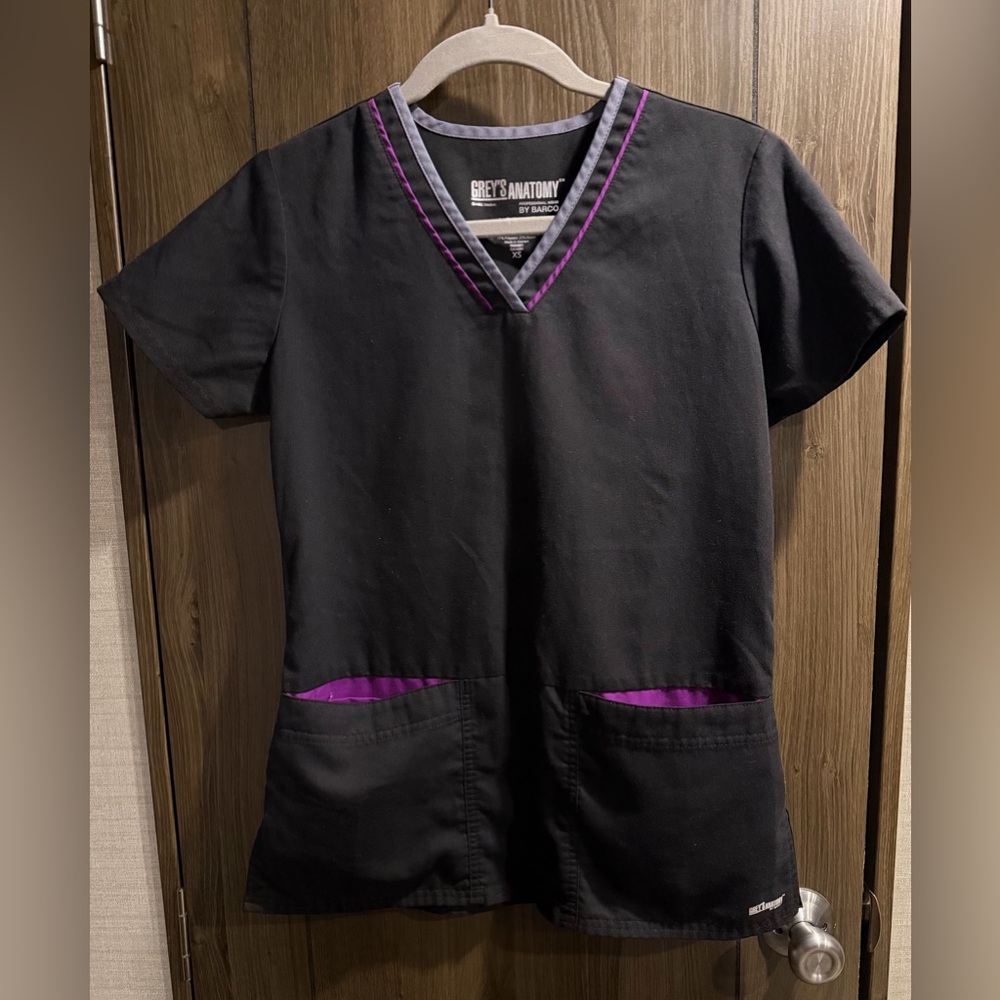 Grey's Anatomy Women's Black Scrub Top with Purple Trim